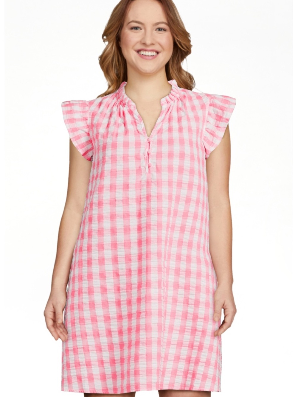 Time + Tru size M Pink Gingham ruffle Cap Sleeve Shift Dress